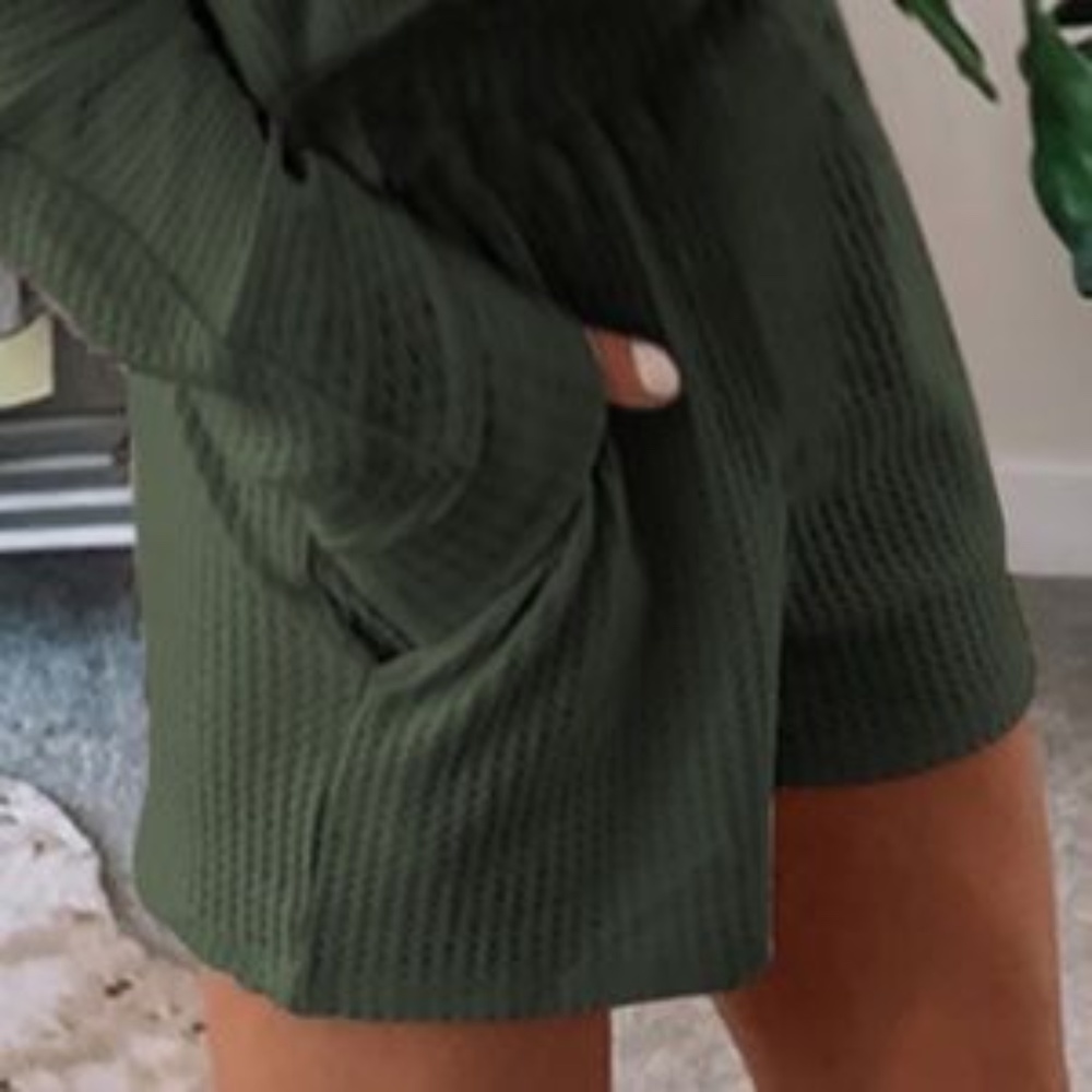 Waffle Knit Thermal Hoodie Short Set Forest Green - Picture 8 of 9